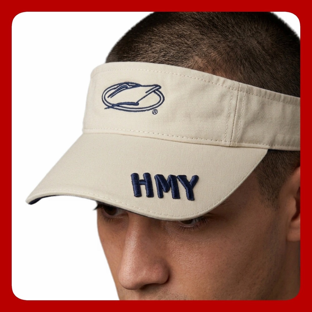HMY Yacht Sales Visor Nautical Prep Mens Hat Tan‎ Navy Cotton Adjustable Cap EUC